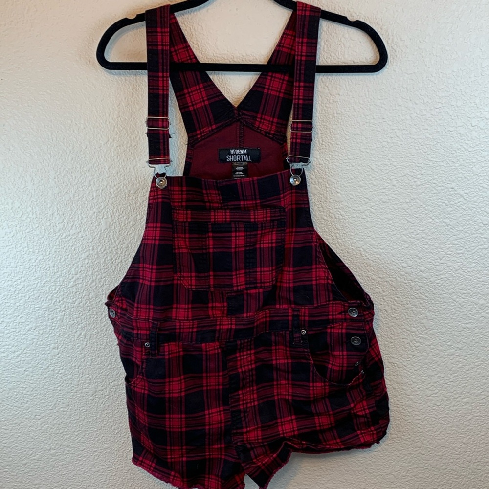 HT Denim Shortall sz XL buffalo plaid overall shorts festival summer casual goth
